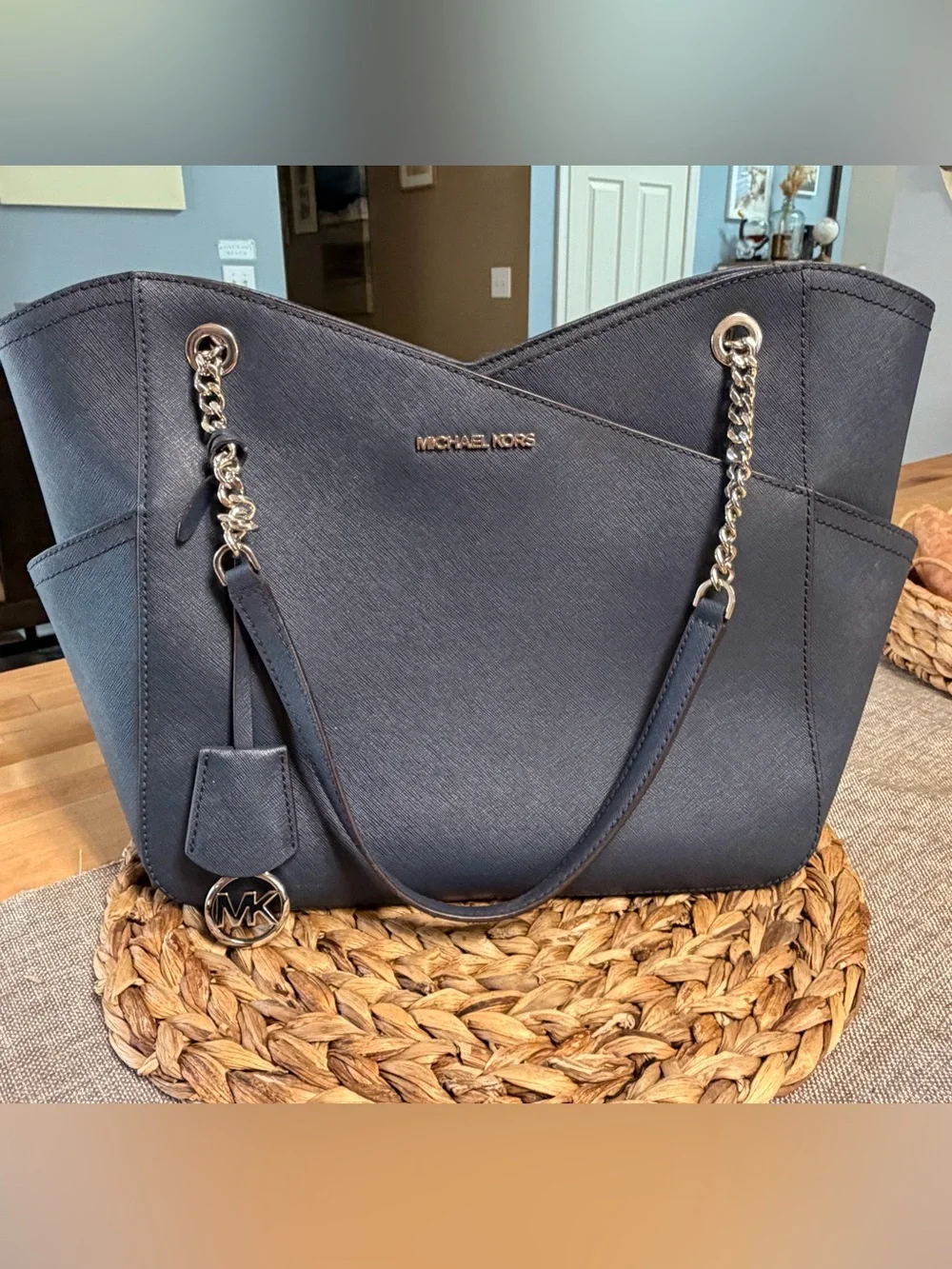 Michael Kors Dark Navy Saffiano Chain-Handle Tote